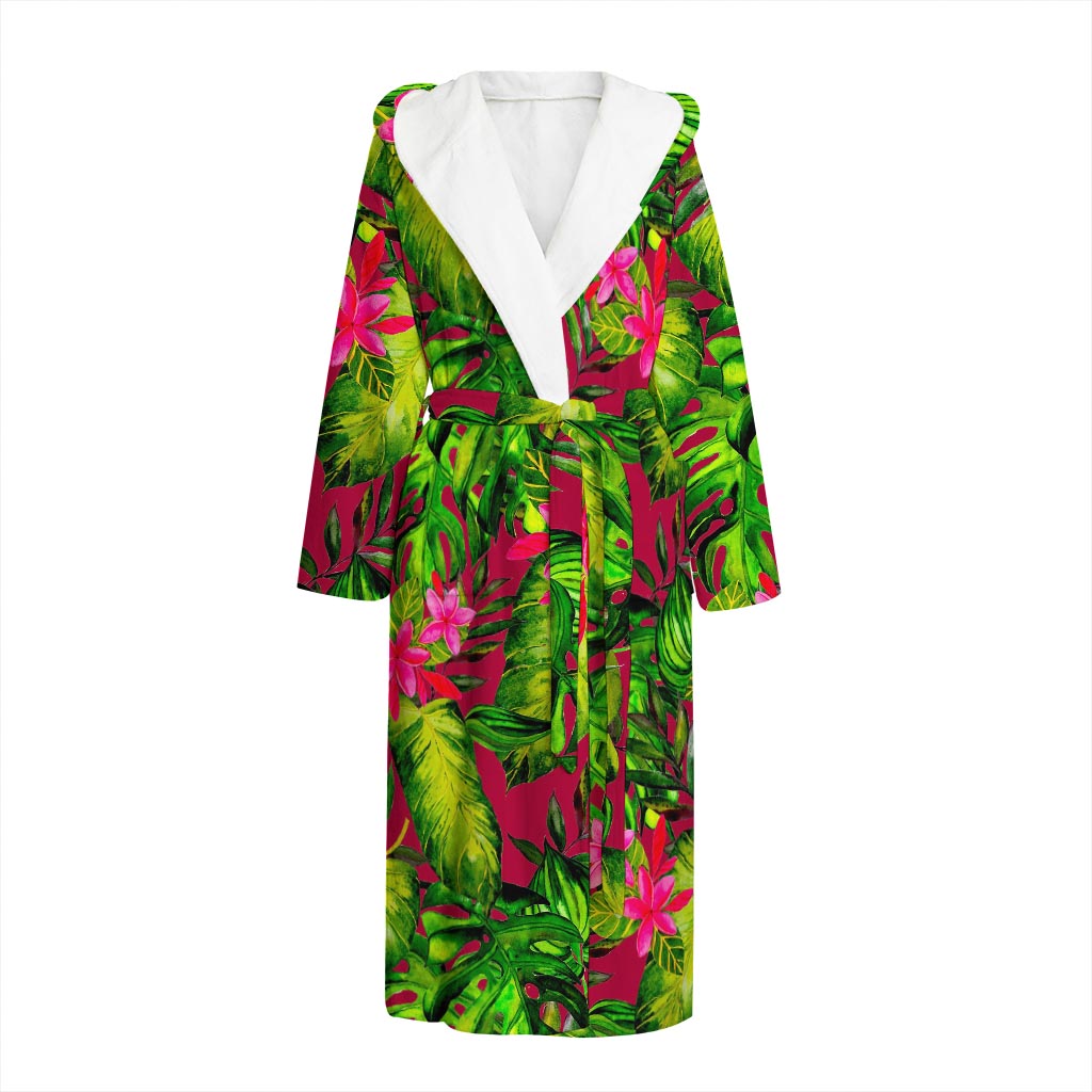 Pink Hawaiian Tropical Pattern Print Hooded Bathrobe