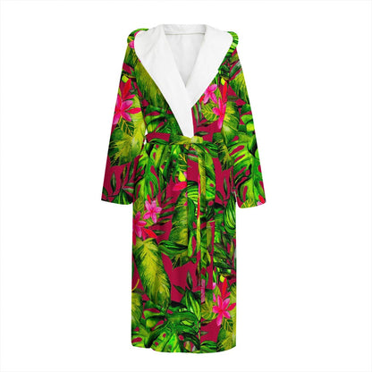 Pink Hawaiian Tropical Pattern Print Hooded Bathrobe