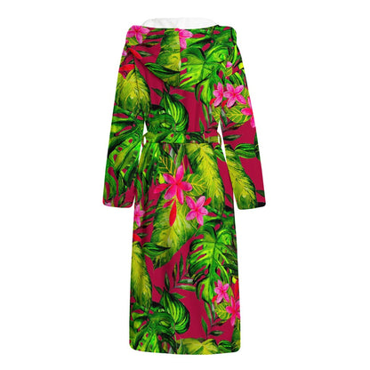 Pink Hawaiian Tropical Pattern Print Hooded Bathrobe