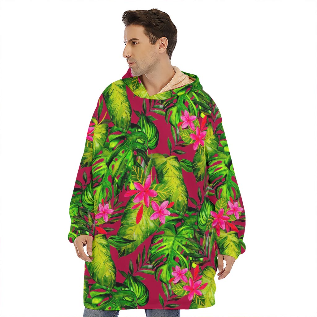 Pink Hawaiian Tropical Pattern Print Hoodie Blanket