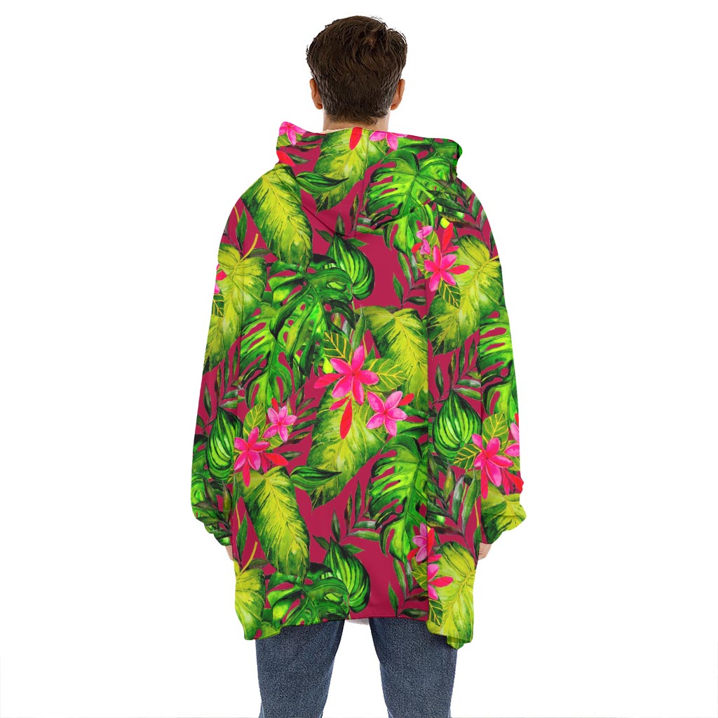 Pink Hawaiian Tropical Pattern Print Hoodie Blanket