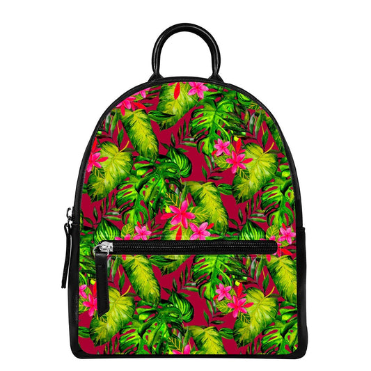 Pink Hawaiian Tropical Pattern Print Leather Backpack