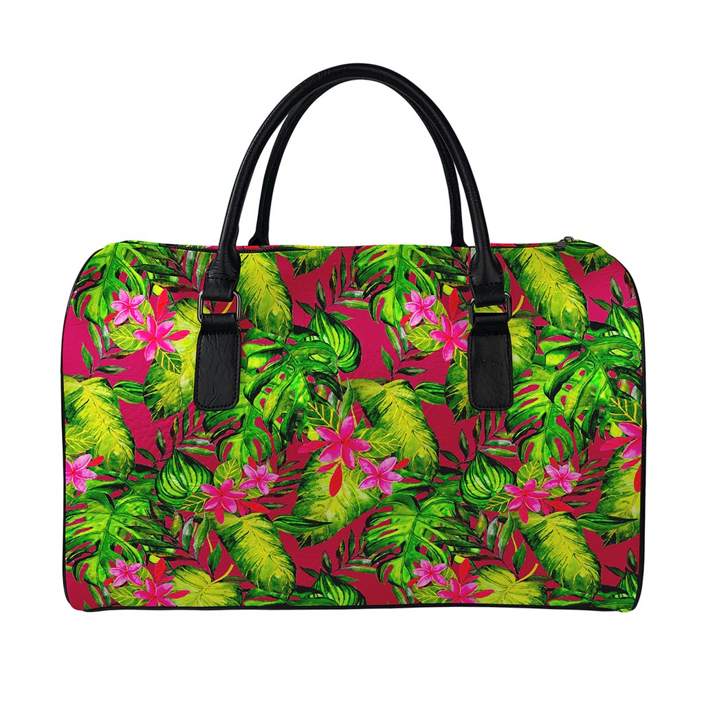 Pink Hawaiian Tropical Pattern Print Leather Duffle Bag