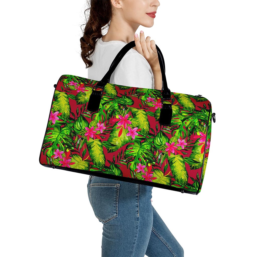 Pink Hawaiian Tropical Pattern Print Leather Duffle Bag
