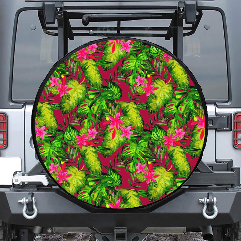 Pink Hawaiian Tropical Pattern Print Leather Spare Tire Cover