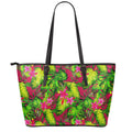 Pink Hawaiian Tropical Pattern Print Leather Tote Bag With Zipper