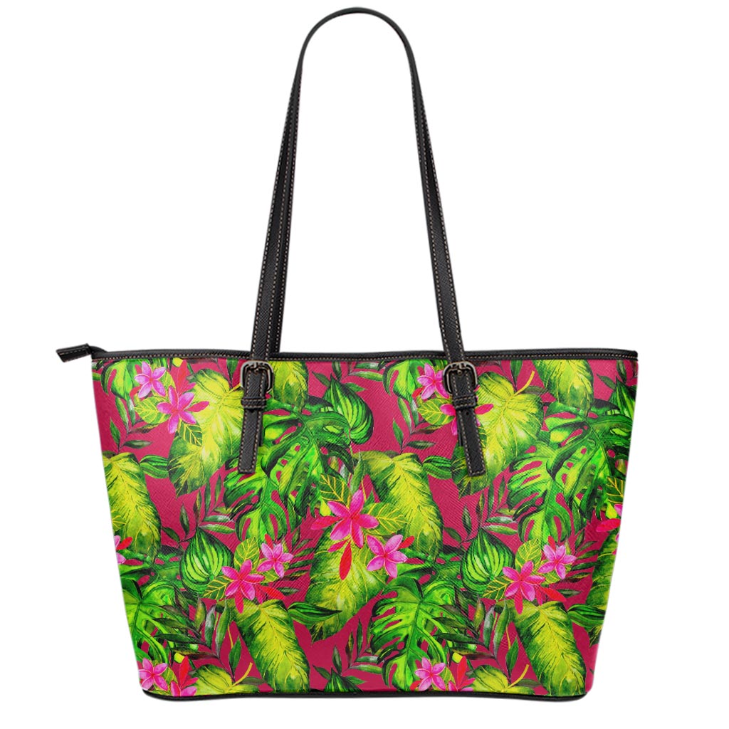 Pink Hawaiian Tropical Pattern Print Leather Tote Bag