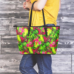 Pink Hawaiian Tropical Pattern Print Leather Tote Bag