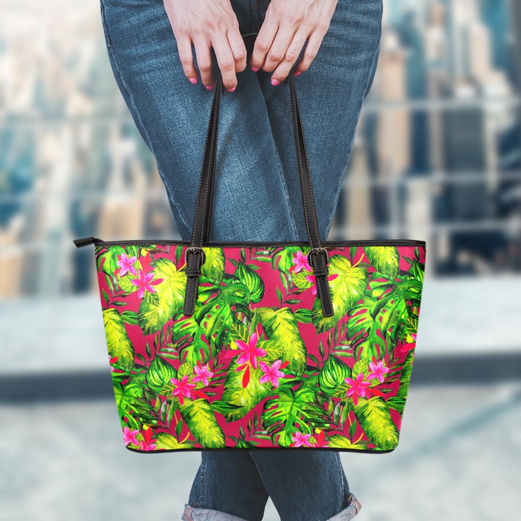 Pink Hawaiian Tropical Pattern Print Leather Tote Bag
