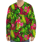 Pink Hawaiian Tropical Pattern Print Long Sleeve Baseball Jersey