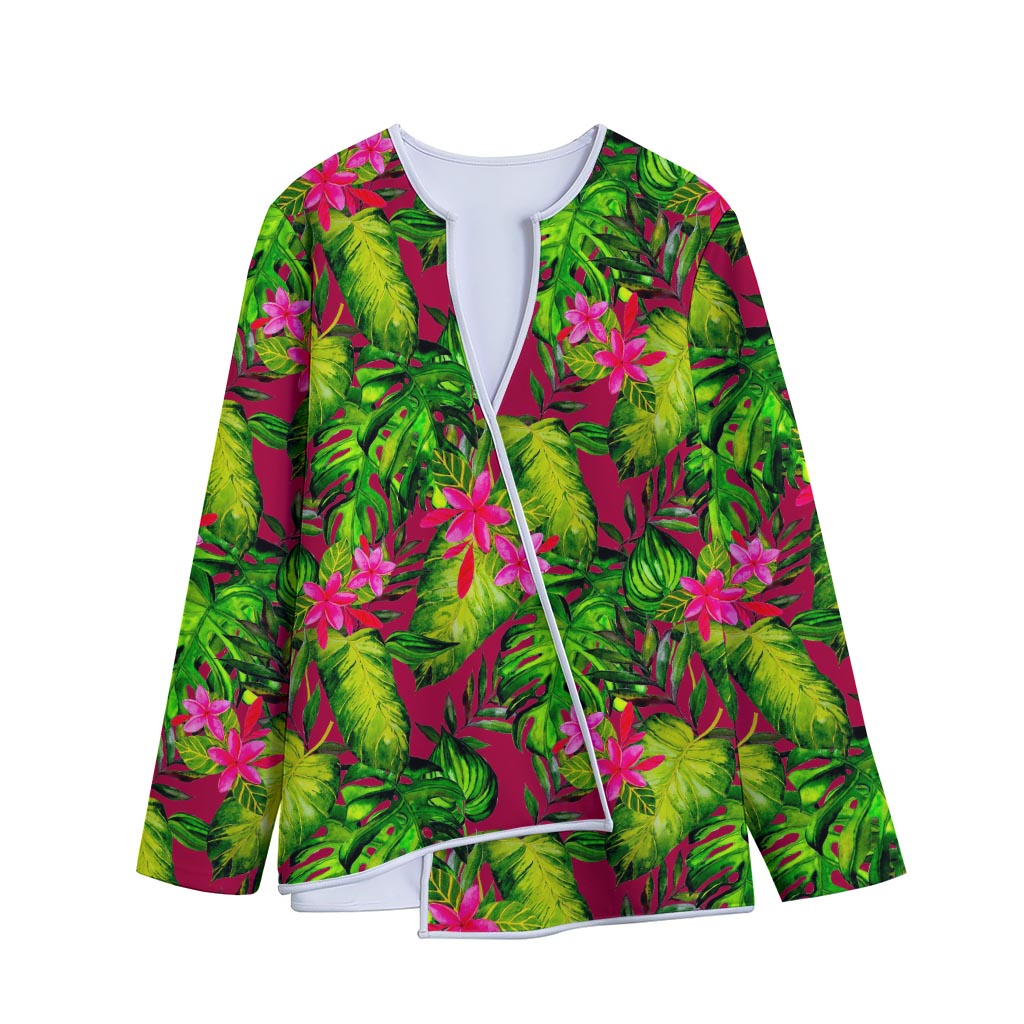 Pink Hawaiian Tropical Pattern Print Long Sleeve Short Coat