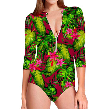 Pink Hawaiian Tropical Pattern Print Long Sleeve Swimsuit