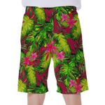 Pink Hawaiian Tropical Pattern Print Men's Beach Shorts
