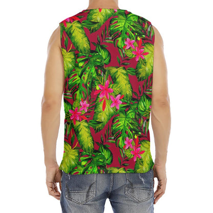 Pink Hawaiian Tropical Pattern Print Men's Fitness Tank Top