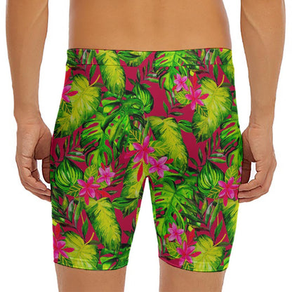 Pink Hawaiian Tropical Pattern Print Men's Long Boxer Briefs