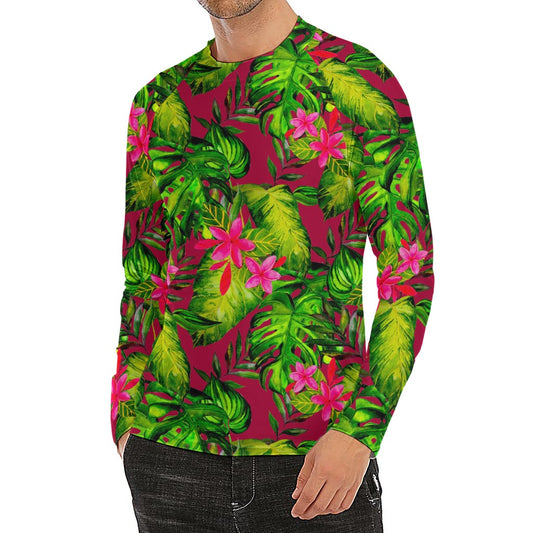 Pink Hawaiian Tropical Pattern Print Men's Long Sleeve Rash Guard