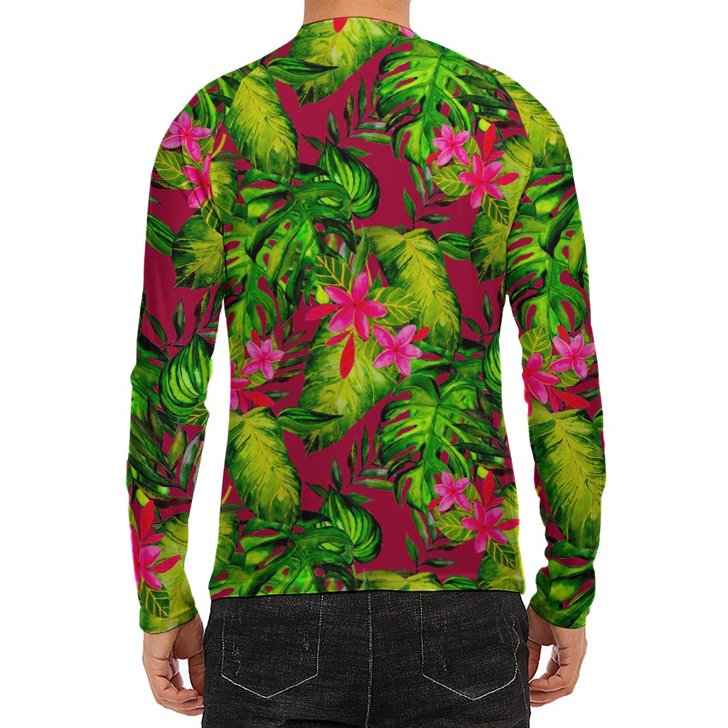 Pink Hawaiian Tropical Pattern Print Men's Long Sleeve Rash Guard