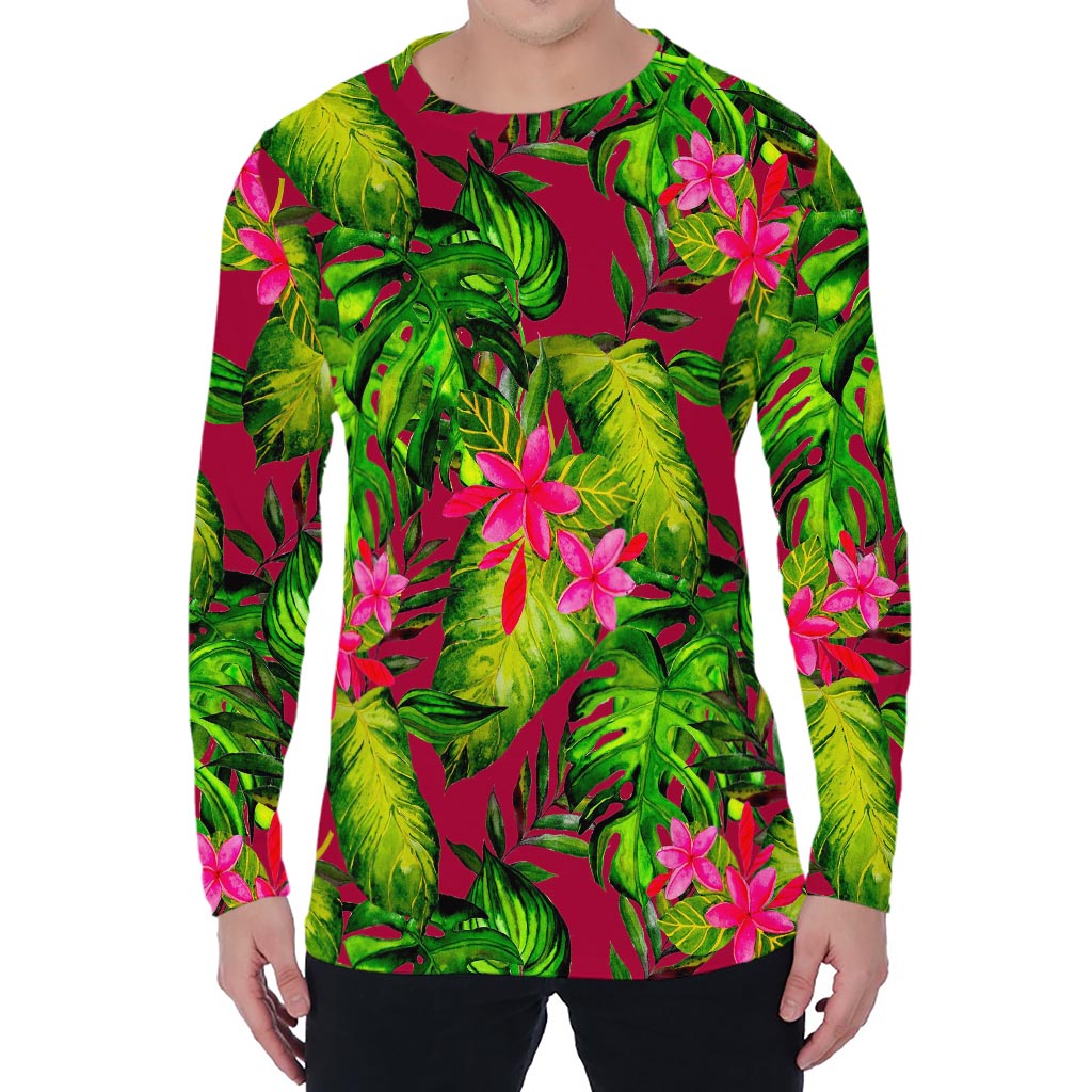Pink Hawaiian Tropical Pattern Print Men's Long Sleeve T-Shirt