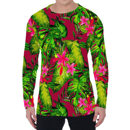 Pink Hawaiian Tropical Pattern Print Men's Long Sleeve T-Shirt