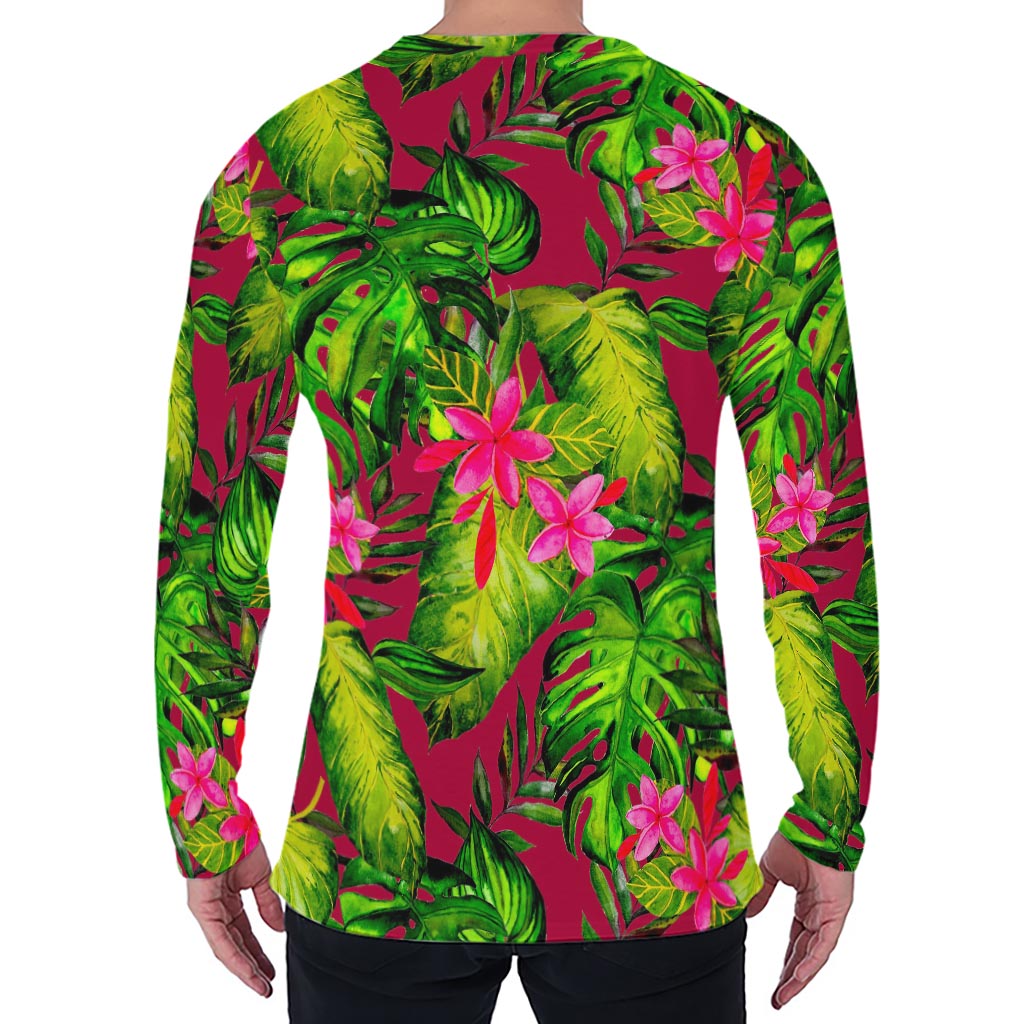 Pink Hawaiian Tropical Pattern Print Men's Long Sleeve T-Shirt