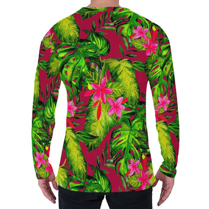 Pink Hawaiian Tropical Pattern Print Men's Long Sleeve T-Shirt