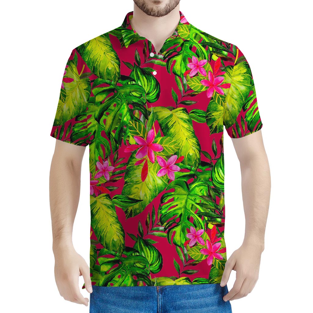 Pink Hawaiian Tropical Pattern Print Men's Polo Shirt