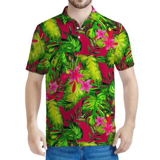 Pink Hawaiian Tropical Pattern Print Men's Polo Shirt