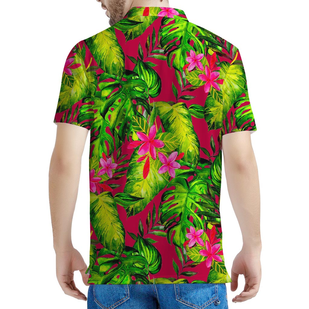 Pink Hawaiian Tropical Pattern Print Men's Polo Shirt