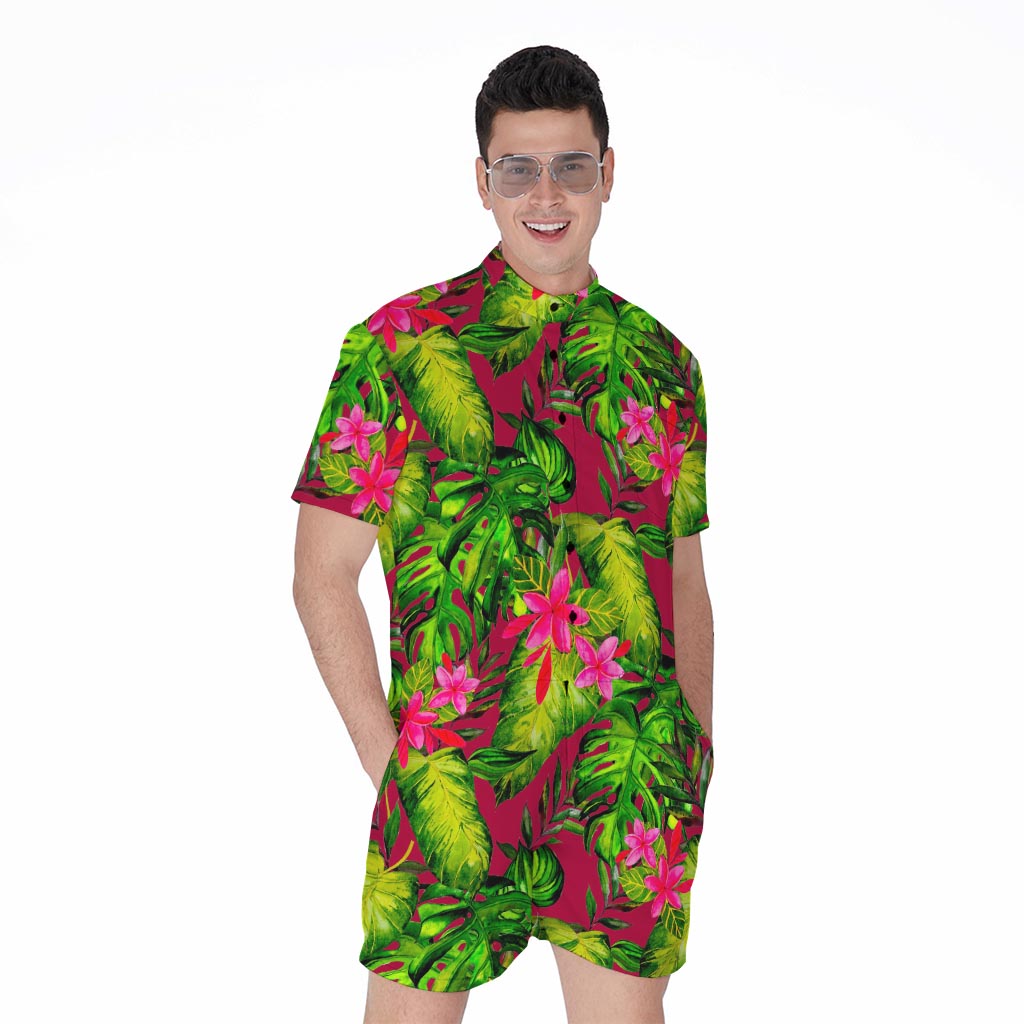 Pink Hawaiian Tropical Pattern Print Men's Rompers