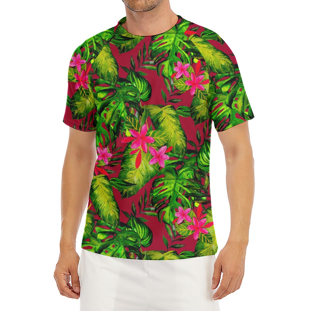Pink Hawaiian Tropical Pattern Print Men's Short Sleeve Rash Guard