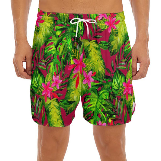 Pink Hawaiian Tropical Pattern Print Men's Split Running Shorts