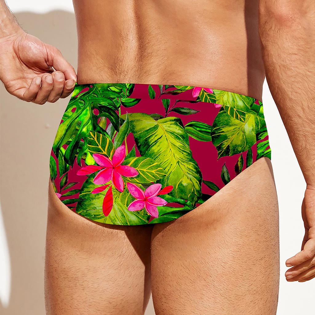 Pink Hawaiian Tropical Pattern Print Men's Swim Briefs
