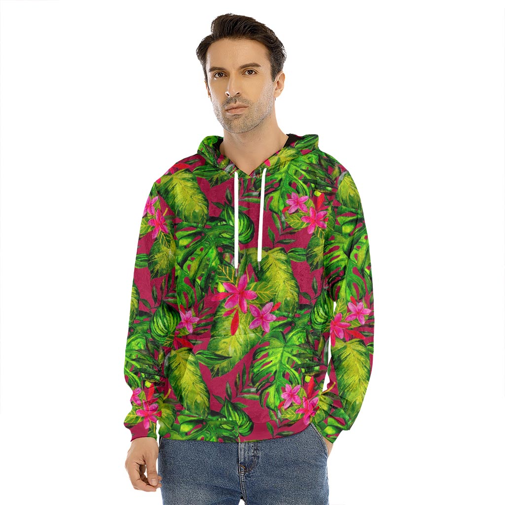 Pink Hawaiian Tropical Pattern Print Men's Velvet Pullover Hoodie