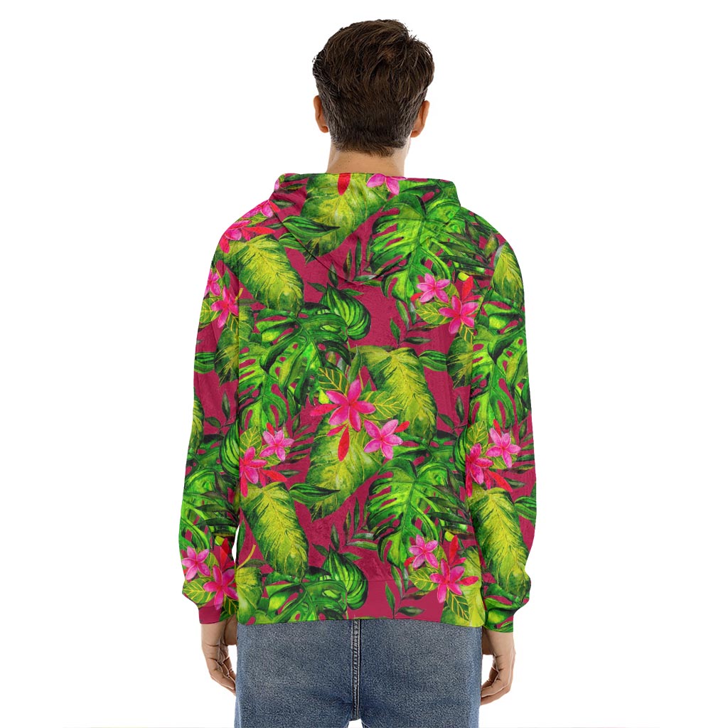 Pink Hawaiian Tropical Pattern Print Men's Velvet Pullover Hoodie