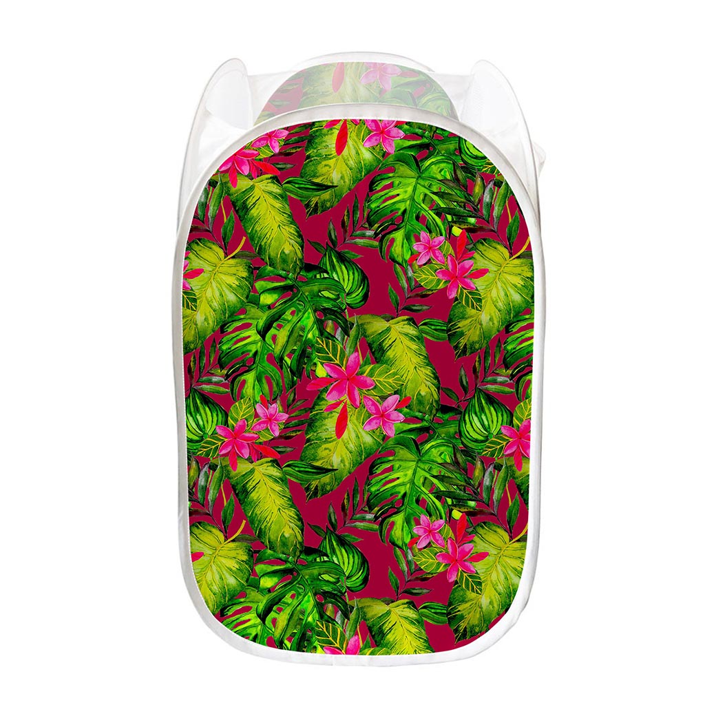 Pink Hawaiian Tropical Pattern Print Mesh Laundry Hamper