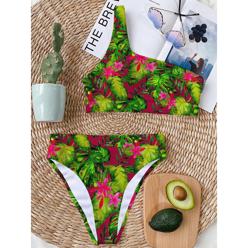 Pink Hawaiian Tropical Pattern Print One Shoulder Bikini Top
