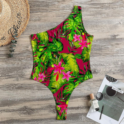 Pink Hawaiian Tropical Pattern Print One Shoulder Bodysuit