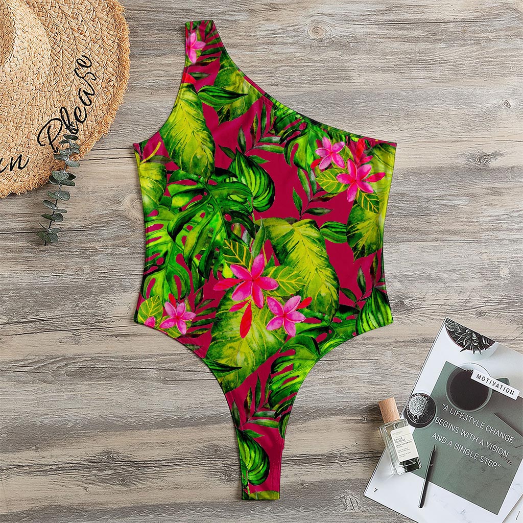 Pink Hawaiian Tropical Pattern Print One Shoulder Bodysuit