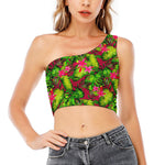 Pink Hawaiian Tropical Pattern Print One Shoulder Crop Top