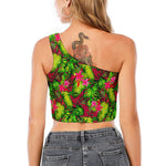 Pink Hawaiian Tropical Pattern Print One Shoulder Crop Top