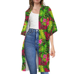 Pink Hawaiian Tropical Pattern Print Open Front Beach Cover Up