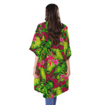 Pink Hawaiian Tropical Pattern Print Open Front Beach Cover Up