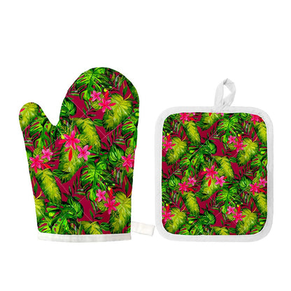 Pink Hawaiian Tropical Pattern Print Oven Mitt And Pot Holder Set