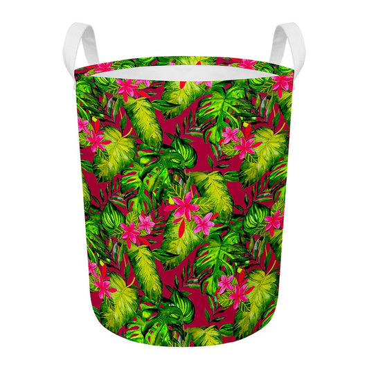 Pink Hawaiian Tropical Pattern Print Round Laundry Basket