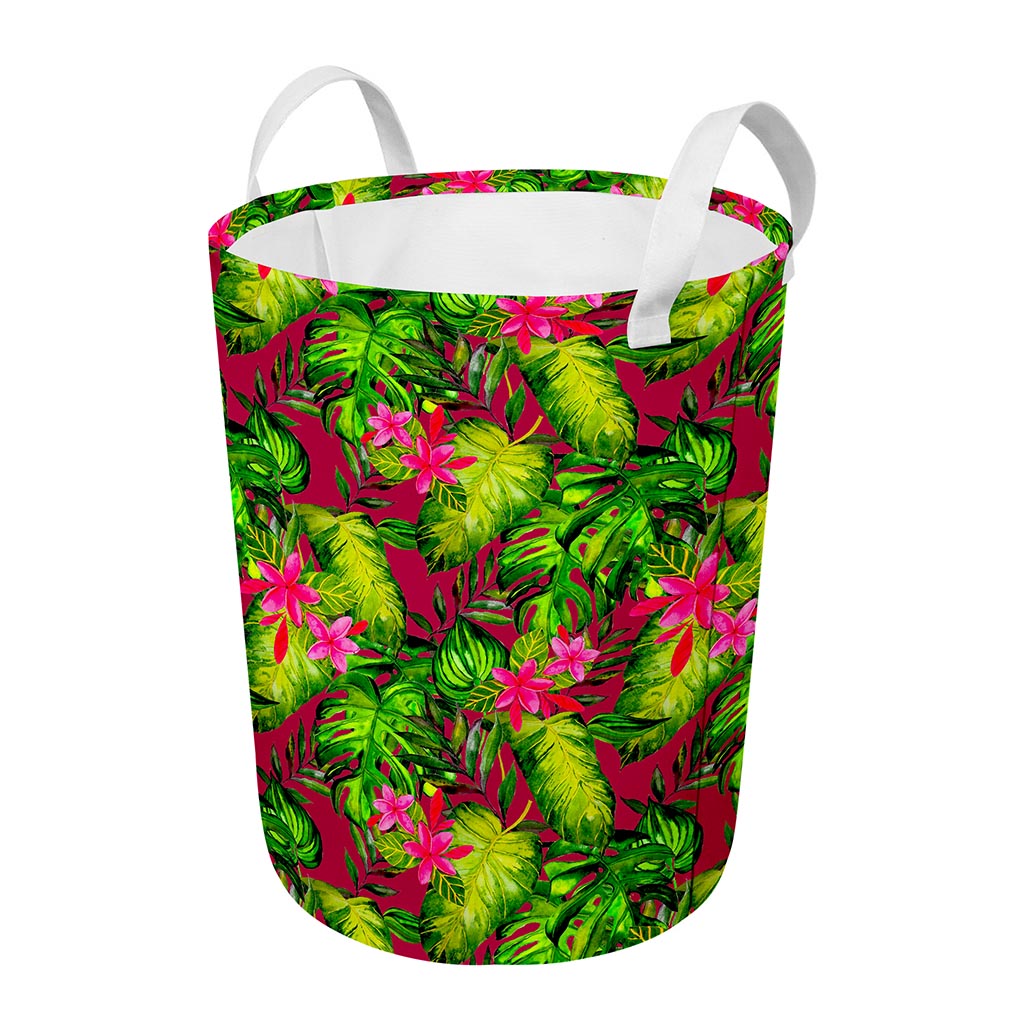 Pink Hawaiian Tropical Pattern Print Round Laundry Basket