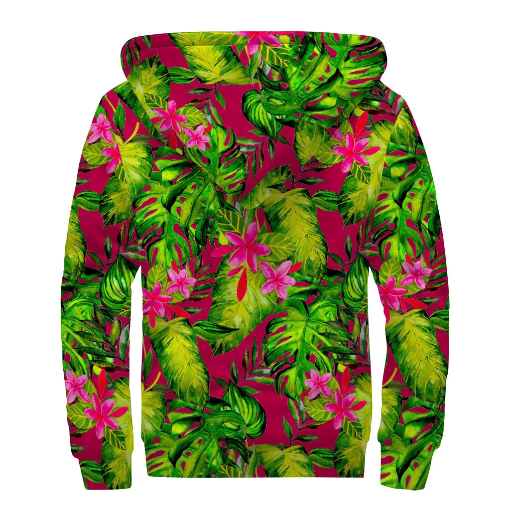 Pink Hawaiian Tropical Pattern Print Sherpa Lined Zip Up Hoodie