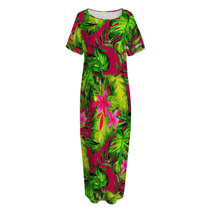 Pink Hawaiian Tropical Pattern Print Short Sleeve Long Nightdress
