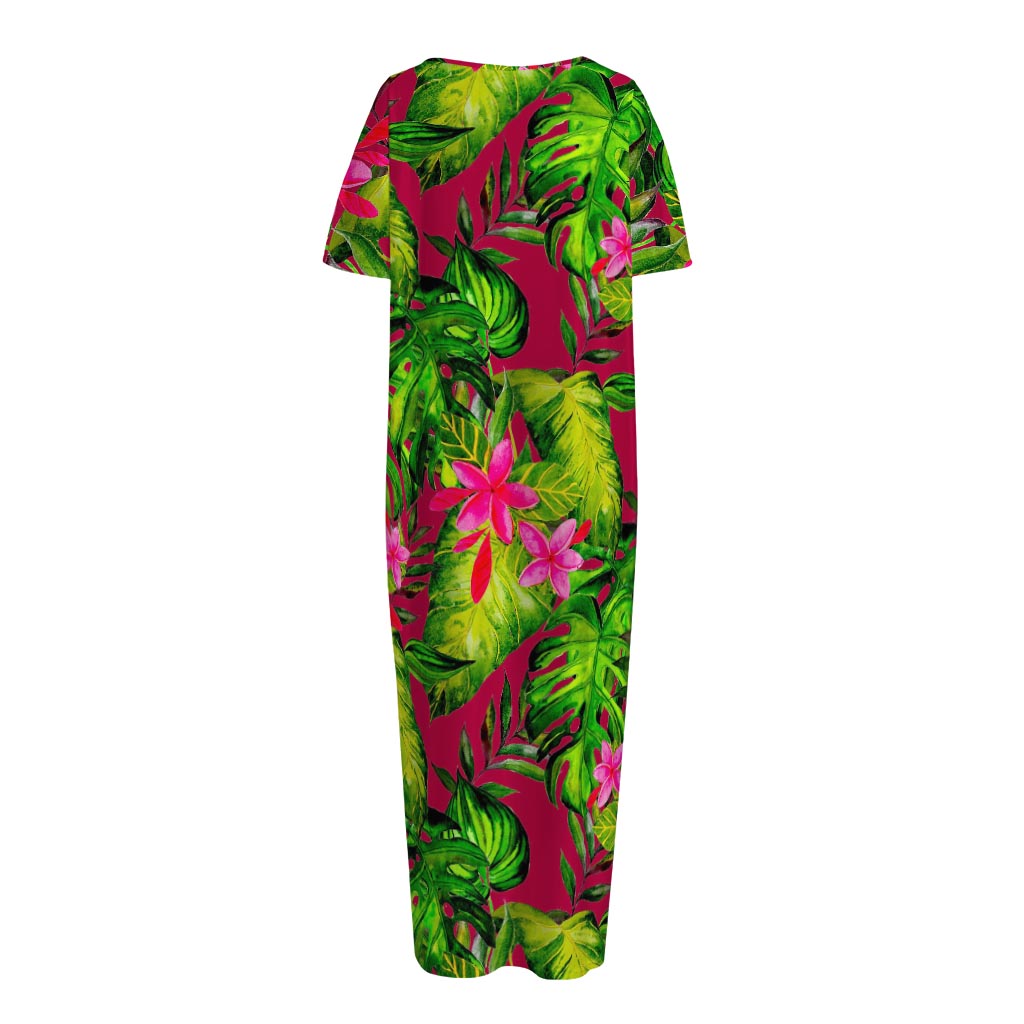 Pink Hawaiian Tropical Pattern Print Short Sleeve Long Nightdress