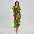 Pink Hawaiian Tropical Pattern Print Short Sleeve Maxi Dress