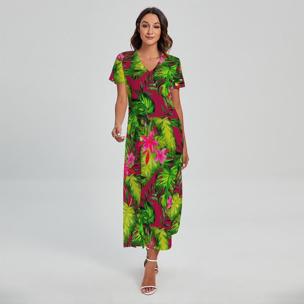 Pink Hawaiian Tropical Pattern Print Short Sleeve Maxi Dress